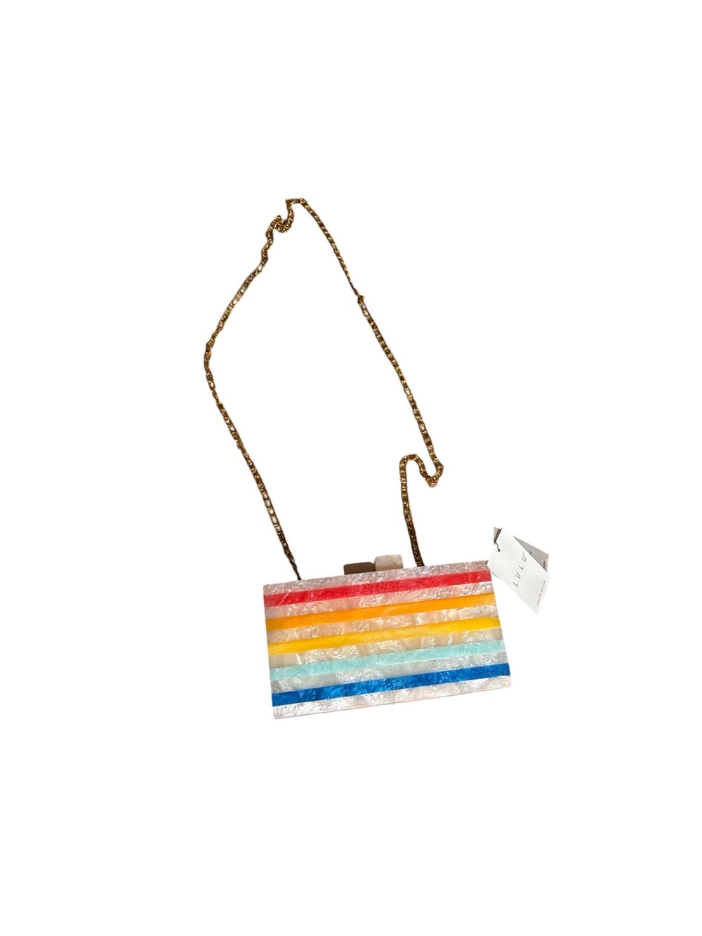 Striped Multicolor Acrylic Crossbody Clutch with Gold Chain